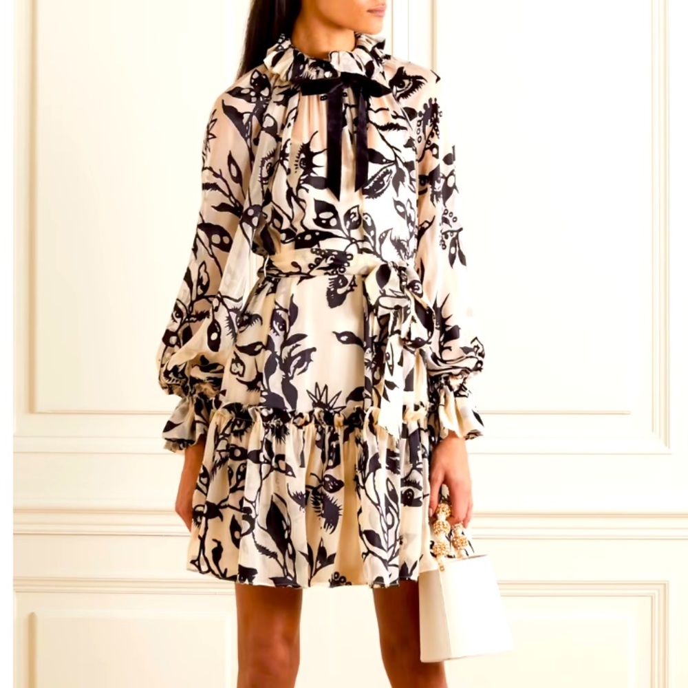 Zimmermann Black and Cream Floral Tie-Neck Mini Dress